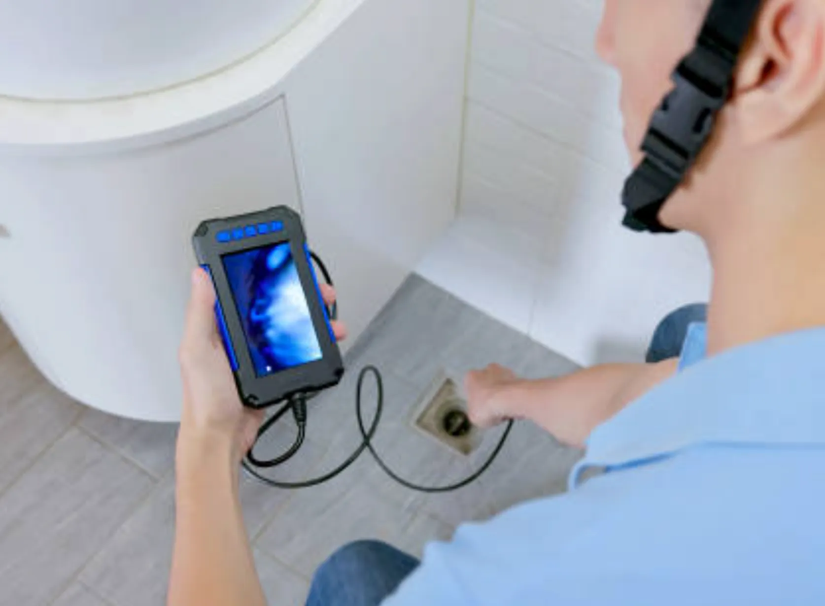 Plumber using a sewer camera on a residential driveway in a Roseville neighborhood