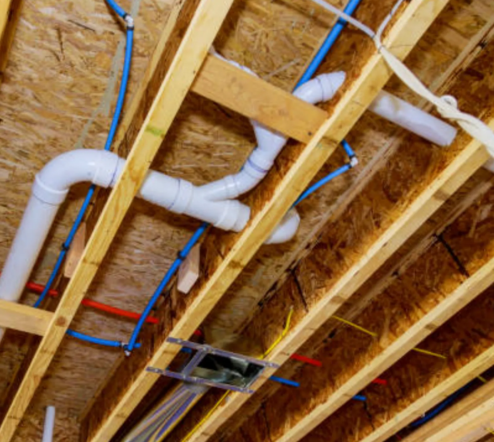 Plumbing crew working in an attic, running new PEX lines neatly along joists in a Rocklin home.